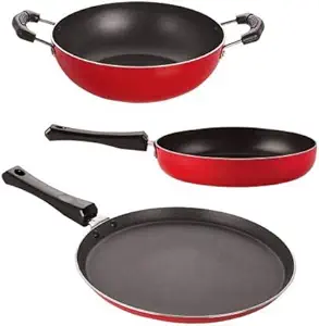 HOMEST Non-Stick Aluminum Mini Cookware Set (Dosa Tawa, Fry Pan, Kadhai), Red Cookware Set (PTFE (Non-Stick), Aluminium, 3 - Piece)
