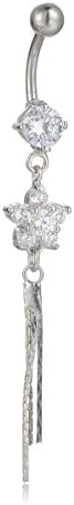 Cubic Zirconia Flower Long Tassels Dangly Surgical Steel Belly Button Navel Bar Ring Bananabells 14g (White)