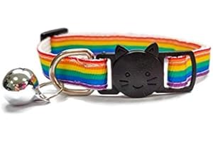 ZACAL Rainbow Print Cat Collar with Bell. Safe Quick Release Breakaway Buckle. Various Sizes & Designs Available - Long Stripe