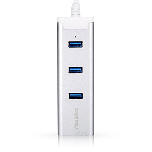 Handacc USB 3.0 3-Port Hub inkl. Gigabit Ethernet LAN / Netzwerkadapter (RJ45) | Super Speed bis zu 5 Gb/s | 3 Port Hub (Verteiler) inkl. Power-LED | Gigabit-LAN 10/100/1000 Mbit | Windows, Linux und Mac | silber (Aluminium – Gehäuse) - 3