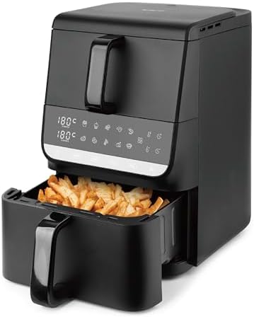 EMERIO Friggitrice ad aria calda XL a doppia camera | nuovo | Airfryer verticale | display touch | salvaspazio | volume totale 10 l | Sync Finish | Friggitrice ad aria calda 2 camere (3,5 l + 6,5 L) |