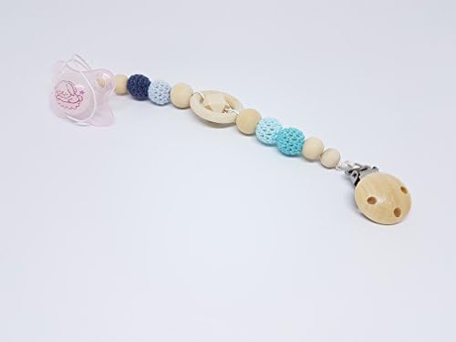 Organic Woden Teether for boys | Pacifier toy and holder | BABY DUMMY CLIP | Cotton Teether Necklace for babies 3 months (BLUE)