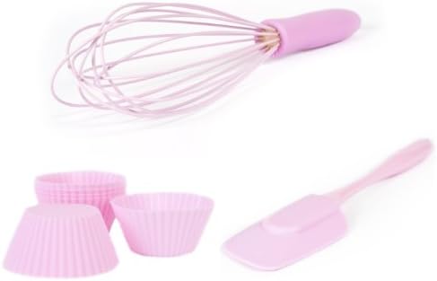 PINFI 81803 – Pack of Whisk, Spatula, 4 moulds for Muffins and 6 RECORTABLES, Silicone, Pink