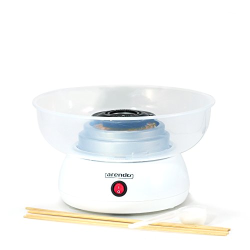 Arendo Zuckerwattemaschine | Cotton Candy Maker | Zuckerwattegerät | inklusive Messlöffel und 10 Holzstäbchen | 350 W | Ø 27cm | 2400 RPM | spülmaschinengeeignet (Schale und Spritzschutz) | Ein-/Ausschalter | inkl. Saugfüße für stabilen Stand | weiß