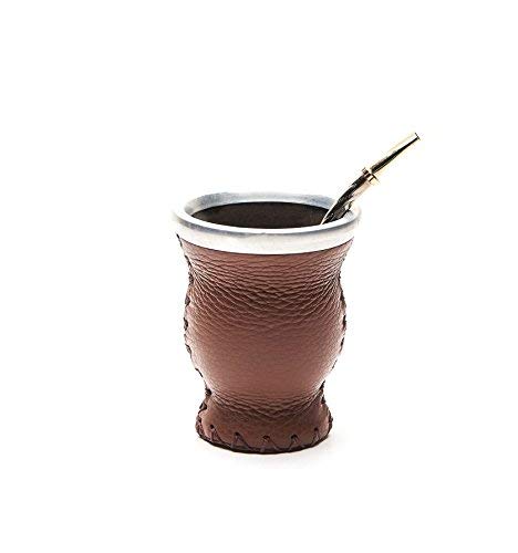 BALIBETOV Mate Argentino - Set de Mate de Vidrio Forrado en Cuero - Alternativa Mate de Calabaza - con Bombilla (Sorbete) para Yerba Mate. (Marron)