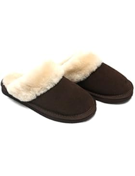 Lammfell Hausschuhe slipper Damen Lammfell Pantoffeln dunkel braun mit beigen Australischen Lammfell, mit comfort...