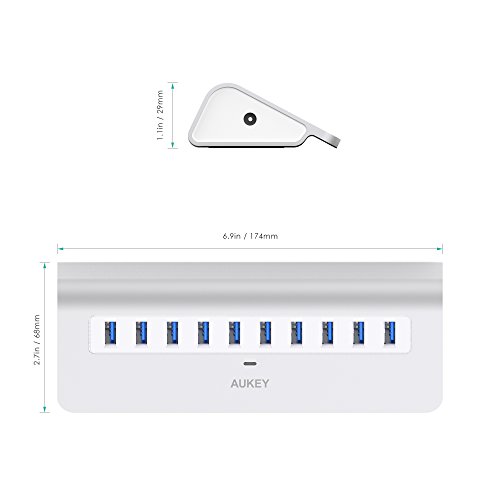 Aukey CB-H6 USB 3.0 Hub 10 Ports Aluminum, Verteiler mit 36W Netzteiladapter für Apple MacBook, Win XP/7/8 Laptop silber - 6