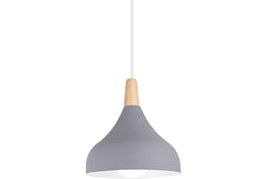 HONGHO Suspension Luminaire Vintage Métal Lustre Industriel Lampes E27 Corde Ajustable Abat-jour Bois Aluminium pour Salon Cuisine Restaurant Salle à manger Chambre (Gris)