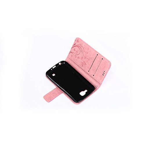 LG K4 Hülle Leder ,SKYXD Drucken Schmetterling Blumen Prägung Motiv PU Folio Ledertasche [ Standfunktion / Magnetverschluss / Kartenfächer] Einfarbig Handyhülle 3 in 1 Handytasche mit Eule Staubstecker + Eingabestift für LG K4 Schutzhülle – Pink - 6