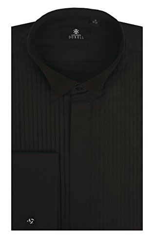 DobellMens Black Dress Shirt Regular Fit Wing Collar Pleated Fly Front Double Cuff