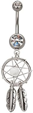 Dreamcatcher & Feathers Dangle Belly Bar - White - Navel Rings Dream Catcher