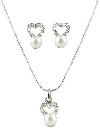 fashionjewellery4u White Silver Heart Shaped Pendant Chain Necklace Earrings Set Studded With Crystal Diamante Pearl Bead Bridesmaid Jewelry for Women Girls