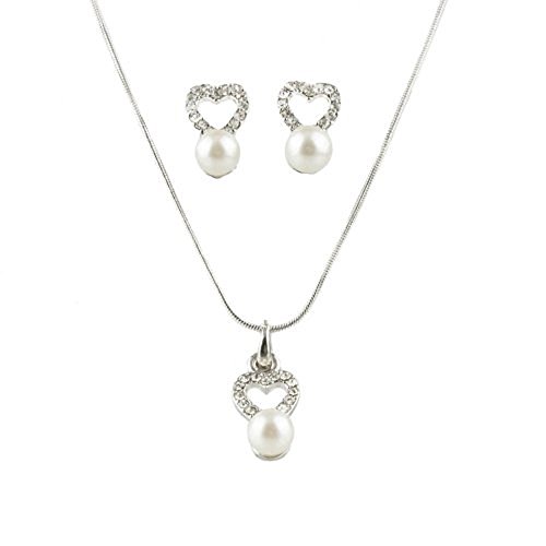fashionjewellery4u White Silver Heart Shaped Pendant Chain Necklace Earrings Set Studded With Crystal Diamante Pearl Bead Bridesmaid Jewelry for Women Girls