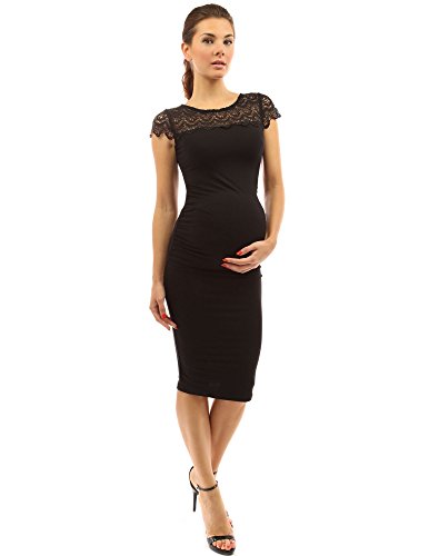 PattyBoutik Mama Crewneck Crochet Lace Inset Ruched Sheath Dress (Black 8/10)