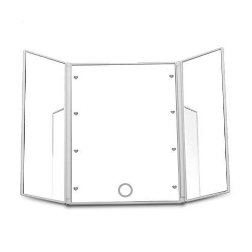 Dproptel Unique Tri-Fold Cosmetic Makeup Mirror Travel Compact Pocket Make Up Mirror with 8 LED Lights Battery Included - White