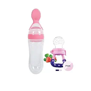 Little Warriors BPA Free Squeeze Style Bottle Feeder with Dispensing Spoon and Fruit Feeder and Pacifier - Fresh Food Feeder, Infant Teether Nibbler Toys, for Toddlers & Kid- Combo of 2-Pink