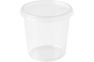 Commerline Lot de 250 gobelets à nourriture fine de 500 ml avec couvercle, ronds, récipients jetables en polypropylène, bols à salade transparents, bols à sauce, boîtes de conservation en plastique