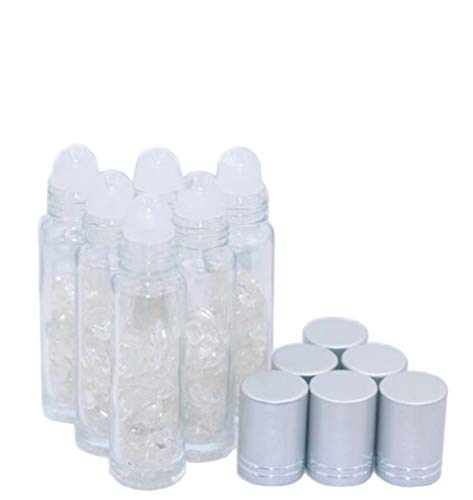 6PCS 10ml Clear Glass Clear Quartz Gemstone Roller Bottles Travel Essential Oil Roll-on Bottles Perfume Sample Vials with Silver Caps and Healing Crystal Chips Inside