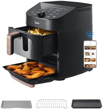 Midea 10 in 1 Friggitrice ad Aria Verticale Doppia Zona, 11L Wifi Air Fryer con 2 Cassetti 5L & 6L, Componenti Antiaderenti Lavabili in Lavastoviglie, compatibile con App, 2400W