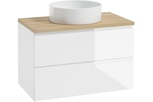 Deftrans Domodomo szafka łazienkowa z umywalką, 100 x 50 x 46 cm, biała szafka wisząca z okrągłą umywalką, szafka łazienkowa z szufladami