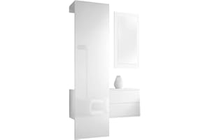 Vladon Carlton Hallway Set 2, Hallway Storage Set with 1 Coat Rack Panel, 1 Chest of Drawers and 1 Wall-Mounted Mirror, White matt/white high gloss (105 x 193 x 35 cm)