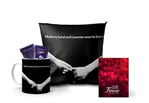 Kesri Gifts Promise Never To Leave Coffee Mug and Cushion Cover With Greeting Card and 2 Chocolate - Valentine Day Gift For Girlfriend, Boyfriend , Husband,Wife(CVD047)