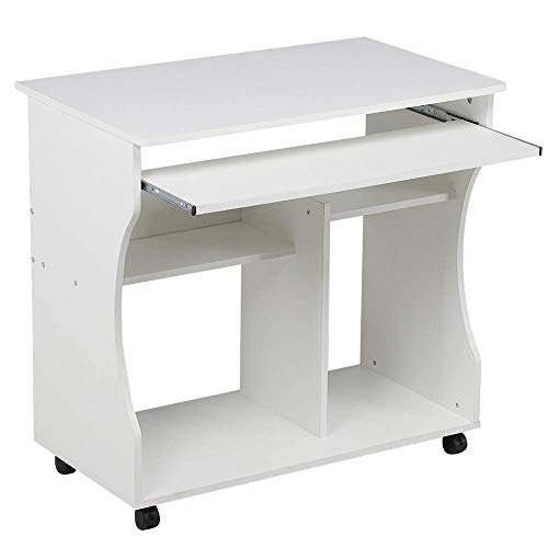Yaheetech Meuble Bureau Informatique pour Ordinateur à roulettes avec Grand Support Clavier Coulissant, 4 étagères Blanc
