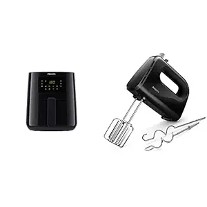 PHILIPS Digital Air Fryer HD9252/90 with Touch Panel, uses up to 90% less fat, 7 Pre-set Menu, 1400W, 4.1 Liter, with Rapid Air Technology (Black), Large & HR3705/10 300-Watt Hand Mixer