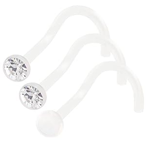 bodyjewellery 3Pcs 18g 1mm Nose Screw Rings Bioflex Flexible Corkscrew Nostril Piercing Jewelry 2.5mm Crystal - Clear