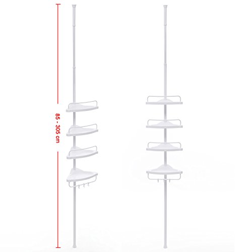 Songmics Teleskop Duschregal Badregal Duschecke Höhenverstellbar 85-305 cm mit 3 Haken 4 Ablage weiß BCB001A - 8