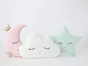 The Purple Tree Cute Cloud Moon Star Cot Cushion with Crown (Pack of 3 , 16x16 inch , Velvet) Kids Cushion , Soft Toy , Soft Plush Pillow , cot Cushion , Nursery decor , Baby Cushion , Pink and Green