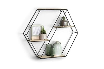 LIFA LIVING Marbella Étagère Murale avec 4 étagères | Étagère hexagonale en Bois, Style Vintage et Nature | Étagère à épices pour Cuisine ou Autre | Bois et métal | 55 x 11 x 45 cm
