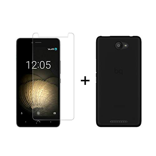 TBOC Pack: Funda de Gel TPU Negra + Protector Pantalla Vidrio Templado para bq Aquaris U - bq Aquaris U Lite [5.0 Pulgadas]. Silicona Ultrafina Flexible. Resistente a Golpes Caídas Arañazos