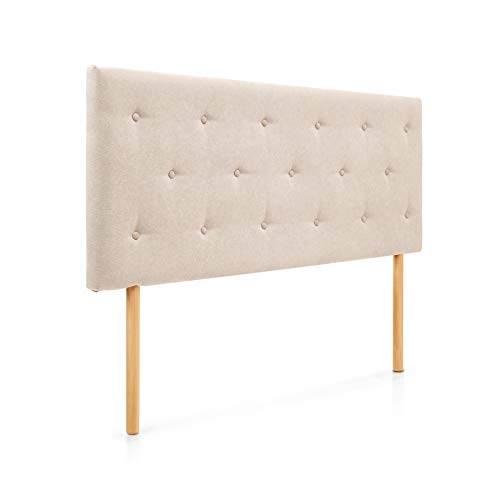 SUENOSZZZ - Cabecero Helsinki, Estructura de Madera, tapizado Acolchado en Tela Acualine Rio Color Beige. Incluye Patas nordicas de Madera Color Haya | Cama Juvenil | Camas de 90