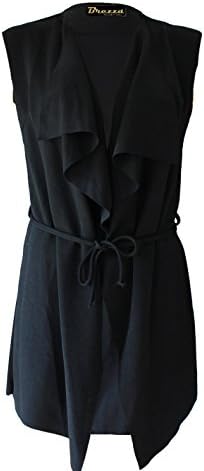 LUL® WOMENS SLEEVELESS WATERFALL BELTED CAPE CARDIGAN JACKET WRAP OVER BLAZER CARDIGAN WAISTCOAT BLACK