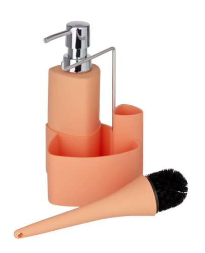 WENKO 3620123100 Spül-Set Empire – Spülmittelspender, Spülbürste, Handtuchhalter, Fassungsvermögen 0.25 L, Soft-Touch Keramik, 11 x 19 x 12.5 cm, Orange - 3