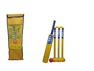 Big bro Fitness Kids Plastic Cricket Set for 5-10 Years (1 Cricket Bat, 3 Wickets, 1 Base, 2 Bails, 1 Wind Ball, 1 Kit Bag) - Yellow