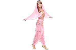 Wuchieal Bauchtanz Kostüm 4 Teile Oberteil Hose Hüftschal Schleier für Damen