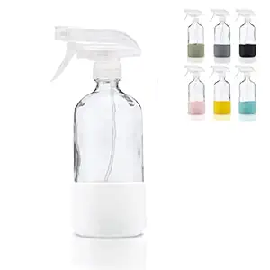 Just Like Joan Glass Spray Bottles with Silicone Sleeve - Clear Glass Spray Bottles for Cleaning Solutions, Essential Oils, Plants, Vinegar, Bleach - Refillable 16 oz Food Safe (Pure White)