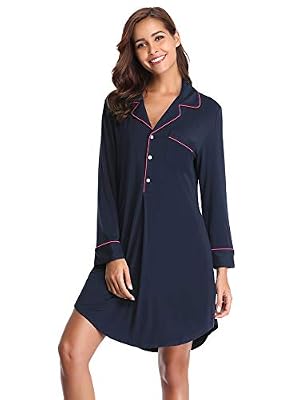 Lusofie Luosofie Femme Chemise de Nuit Coton Manche Longue Col V Robe de Nuit Pyjama(Bleu Marin/XS)