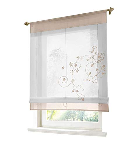7Morning Sand Blumen Stickerei Raffrollos Gardinen Transparent Vorhang mit Tunnelzug BxH 80x100cm