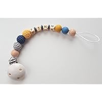 Schnullerkette mit Namen in Dunkelblau, Senfgelb und Grau mit Silikonperlen