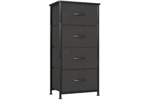 CAIYUN Narrow Chest of Drawers, Storage Cabinet with 4 Fabric Drawers, Metal Frame, Tall and Narrow Wooden Top Drawer Cabinet, Furniture for Bedroom/Hallway/Children's Room, Small Chest of Drawers