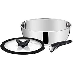 Tefal L942S314 INGENIO Pro INOX Set De 3 Pièces Sauteuse 24 cm + Couvercle en Verre + Poignée Noire Tous Feux Dont Induction