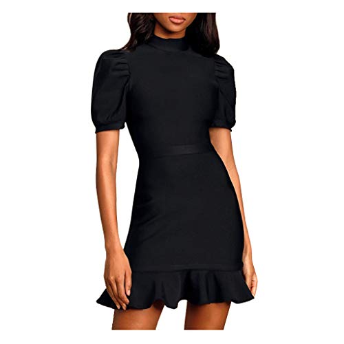 Yolmook Robe pour Femmes Robe De Soirée Robe à Manches Court Jupe Trapèze Unie Jupe Hanche Col Rond Robe Taille Jupe Ajustée Aux Hanches Jupe à Volants(Medium,Noir)