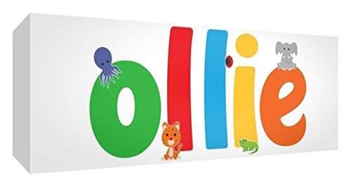 Feel Good Art Gallery Wrapped Nursery Box Canvas with Solid Front Panel Rectangle Design Cute Illustrations and Personalised with Boy's Name (15 x 42 x 4 cm, Small, Ollie)