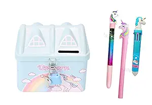 Sanjis Enterprise Combo of Unicorn Hut Piggy Bank 3 Unicorn Pen for Kid Boy Girl, Retro Iron Sheet Key Locked Paper Money Coins Metal Currency Money Saving Box Stationary Se