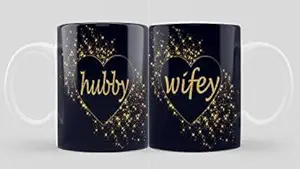 Gift Box Hubby Wifey Printed for Husband, Wife On Marriage, Anniversary, Birthday, Valentine Gifts Ceramic Coffee Mug (330 ml, Pack of 2)