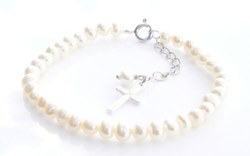 Ivory First Holy Communion Bracelet - Freshwater Pearl and Sterling Silver Cross Charm