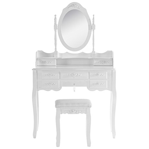 EUGAD Schminktisch mit schwenkbarem Spiegel mit Hocker 7 Schubladen Kosmetiktisch Frisiertisch Barock 90 x 144,5 x 40cm Weiß MB6026cm